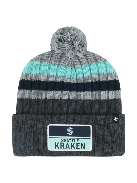 Men's '47 Gray Seattle Kraken Stack Patch Cuffed Knit Hat with Pom