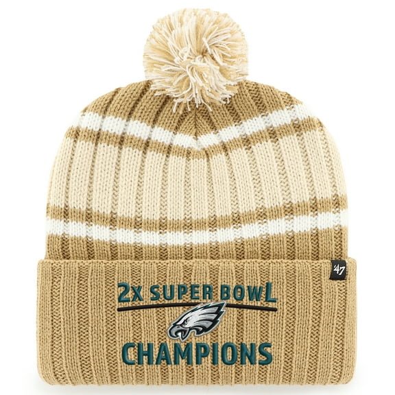 Men's '47 Khaki Philadelphia Eagles Two-Time Super Bowl Champions Plateau Cuffed Knit with Pom