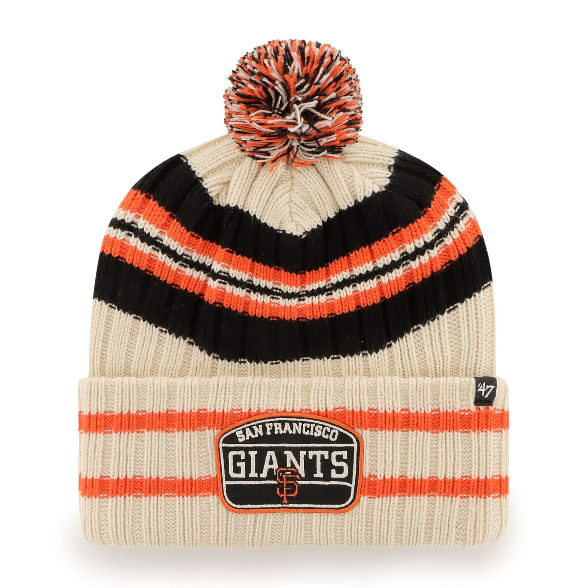 Men s 47 Natural San Francisco Giants Home Patch Cuffed Knit Hat with Pom OSFA