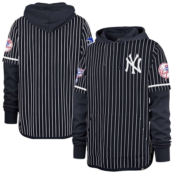 Men's '47 Navy New York Yankees Pinstripe Double Header Pullover Hoodie
