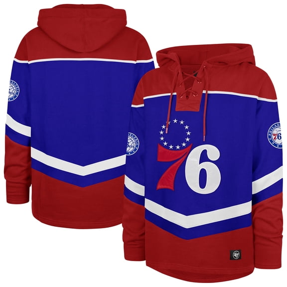Men's '47 Royal Philadelphia 76ers Oversized-Tri-Satin Layup Lacer Pullover Hoodie
