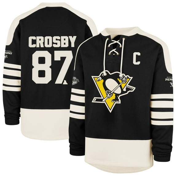 Men's '47 Sidney Crosby Black Pittsburgh Penguins Player Name & Number Sweep Check Eternal Lacer Sweatshirt