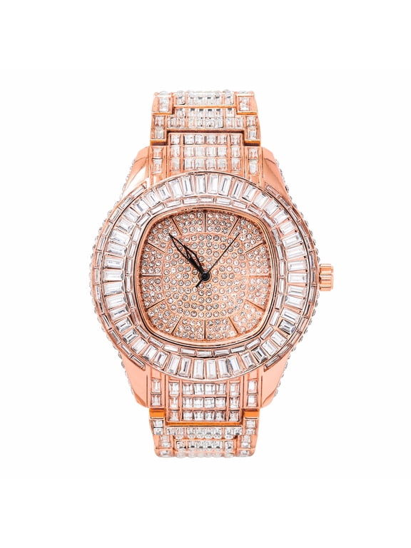 Men’s 48mm Fully Iced Out Baguette Watch with Simulated Diamonds – Luxury Hip Hop Bling Timepiece, 7" Band, Gift for Him - Rose Gold