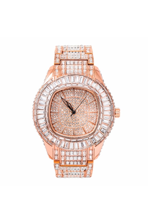 Men’s 48mm Fully Iced Out Baguette Watch with Simulated Diamonds – Luxury Hip Hop Bling Timepiece, 7" Band, Gift for Him - Rose Gold