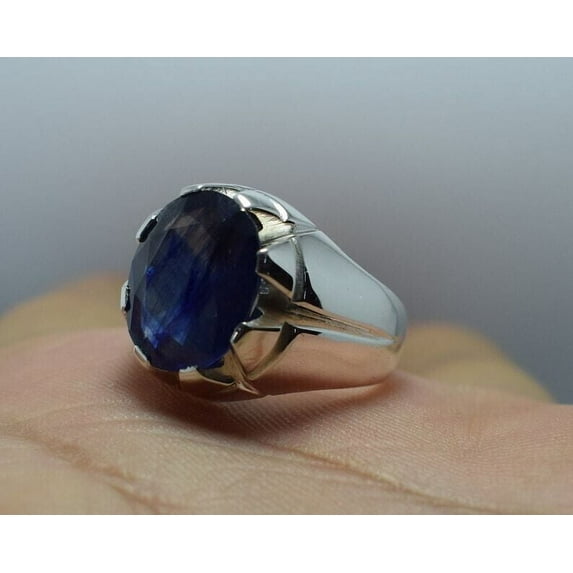 Men's 4Ct Oval Lab Created Blue Sapphire Pinky Solitaire Band Ring 14k White Gold Plated