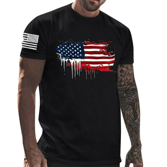 Men's 4Th Of July Cotton T-Shirt Casual Round Neck American Flag Printed Pullover Fitness Sports Shorts Sleeves Blouse Tops Black XXL