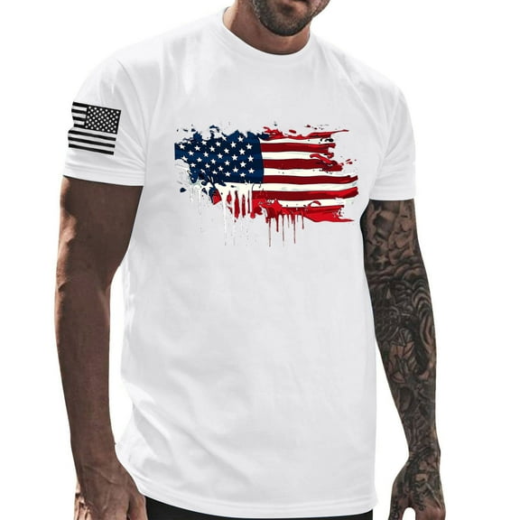 Men's 4Th Of July Cotton T-Shirt Casual Round Neck American Flag Printed Pullover Fitness Sports Shorts Sleeves Blouse Tops White XXL