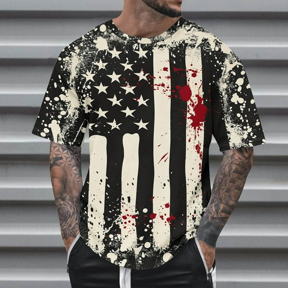 Men's 4Th Of July Oversize T-Shirts Fashion American Flagstar Stripes Patriotic Blouse Summer Casual Round Neck Casual Top Multicolor L