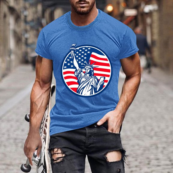 Men's 4Th Of July Shirts American Flag Short Sleeve Patriotic Tees Loose Casual Round Neck Plus Size Pullover Top Blue M
