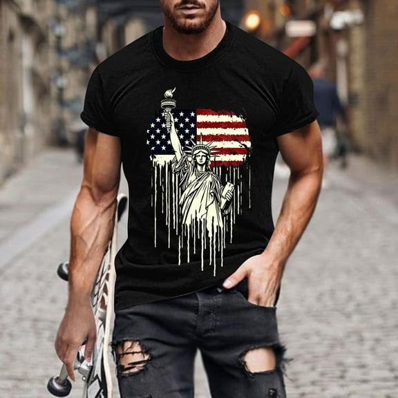 Men's 4Th Of July Shirts Fashion American USA Flag Patriotic T-Shirts Loose Casual Short Sleeve Round Neck Pullover Top Black M