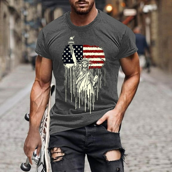 Men's 4Th Of July Shirts Fashion American USA Flag Patriotic T-Shirts Loose Casual Short Sleeve Round Neck Pullover Top Dark Gray M