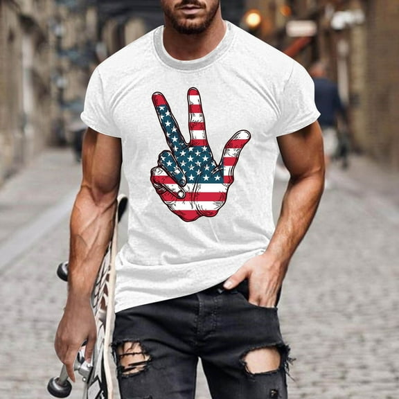 Men's 4Th Of July T-Shirt Casual Fashion American Flag Printed Tees Oversize Round Neck Short Sleeve Pullover Top White XXXXXL