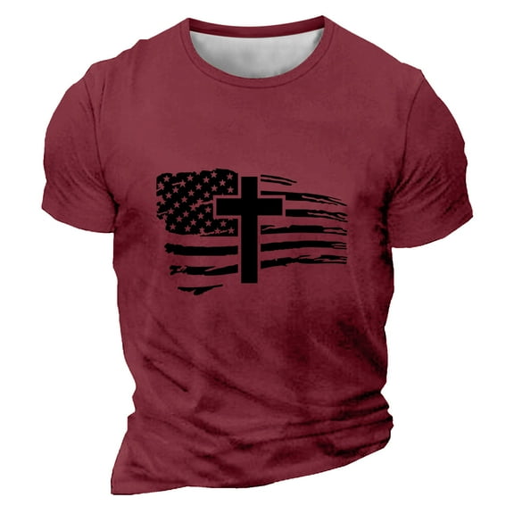 Men's 4Th Of July T-Shirts Fashion Independence Day USA Flag Printed Tees Casual Lightweight Short Sleeve Round Neck T-Shirt Wine L
