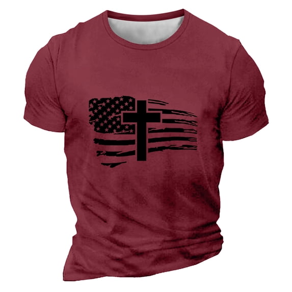 Men's 4Th Of July T-Shirts Fashion Independence Day USA Flag Printed Tees Casual Lightweight Short Sleeve Round Neck T-Shirt Wine XXXL