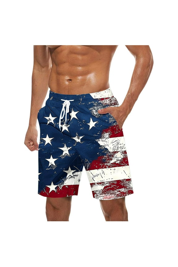 Men's 4th of July American Flag Print Shorts with Pockets Elastic Waistband Drawstring Quick-Dry Beach Swim Trunks,Lightweight Casual Summer Shorts for Outdoor BBQ,Patriotic Holiday