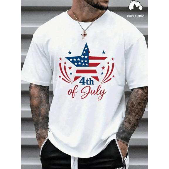 Men's 4th of July American Flag Print T-Shirt - Patriotic Stars & Stripes Design, 100% Cotton Comfort, Regular Fit Casual Streetwear for Spring Summer Outdoor Independence Day Celebrations, American F