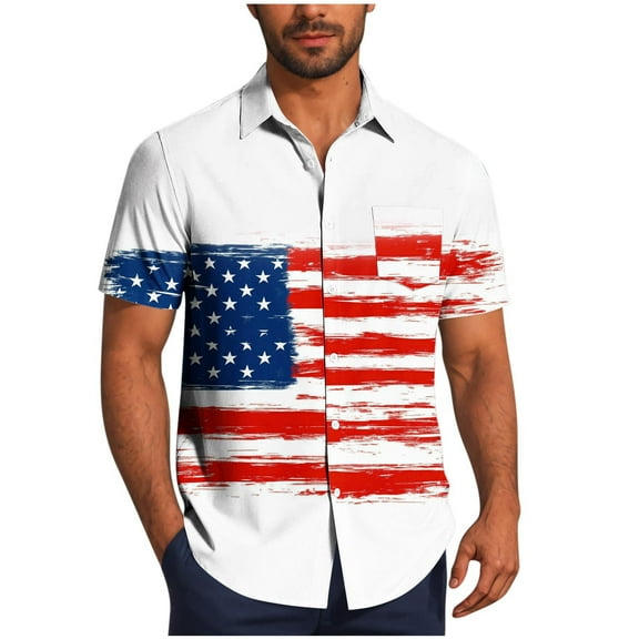 Men's 4th of July Patriotic Button Down Shirt - Red White Blue Stars Graphic Turn-Down Collar Blouse, Short Sleeve Casual Summer Top for BBQ & Independence Day Celebrations 2025