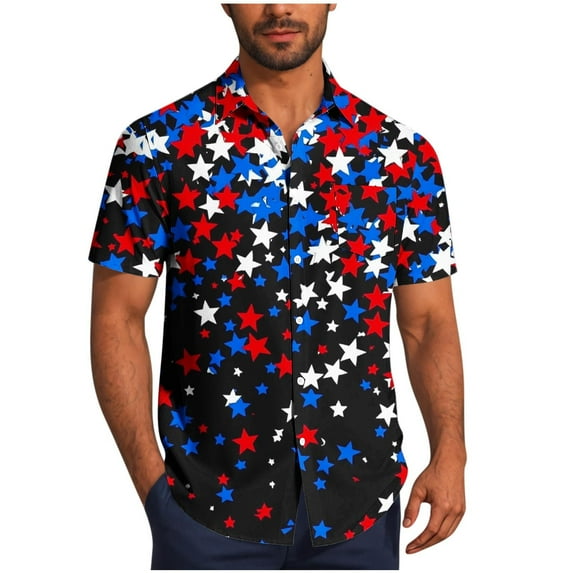 Men's 4th of July T-Shirt Turn-Down Collar Blouse Button Down V Neck Tops Independence Day Shirts Red White Blue Stars Graphic Tee Short Sleeve Top Summer Dress Shirt Trendy Casual 2025