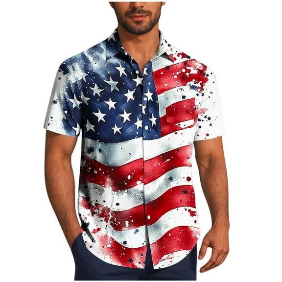 Men's 4th of July T-Shirt Turn-Down Collar Blouse Button Down V Neck Tops Independence Day Shirts Red White Blue Stars Graphic Tee Short Sleeve Top Summer Dress Shirt Trendy Casual 2025