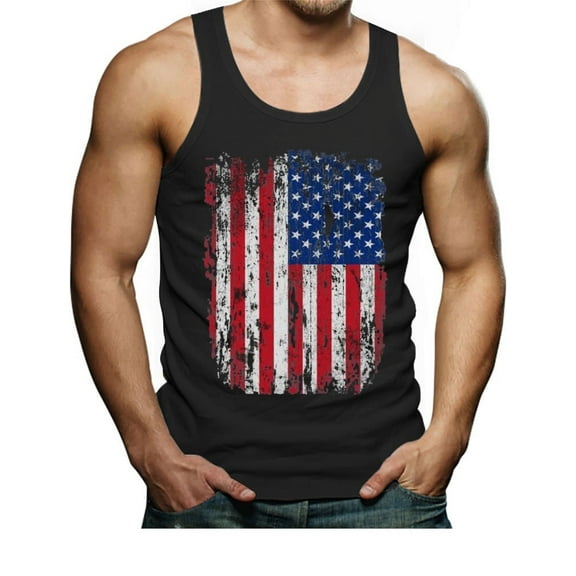 Men's 4th of July Tank Top - Big American Flag Print Sleeveless Shirt - Vintage USA Flag Tank Top - Black Singlet - Cotton Blend Fabric - Crew Neck Design - Independence Day Clothing - X-Large Black