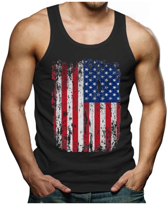 Men's 4th of July Tank Top - Big American Flag Print Sleeveless Shirt - Vintage USA Flag Tank Top - Black Singlet - Cotton Blend Fabric - Crew Neck Design - Independence Day Clothing - Medium Black