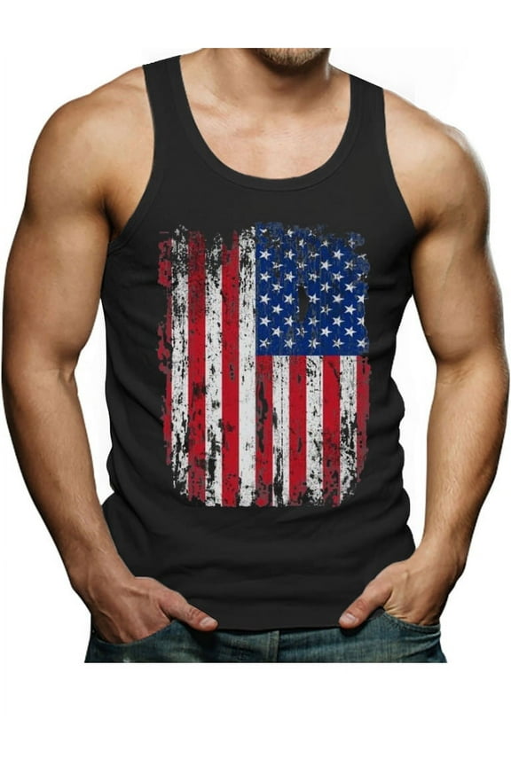 Men's 4th of July Tank Top - Big American Flag Print Sleeveless Shirt - Vintage USA Flag Tank Top - Black Singlet - Cotton Blend Fabric - Crew Neck Design - Independence Day Clothing - Medium Black