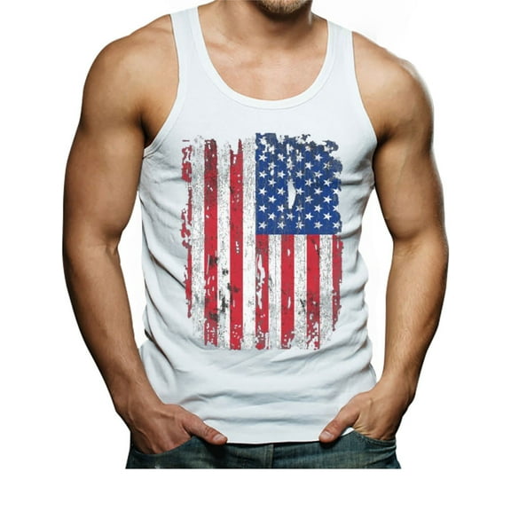 Men's 4th of July Tank Top - Big American Flag Print Sleeveless Shirt - Vintage USA Flag Tank Top - Black Singlet - Cotton Blend Fabric - Crew Neck Design - Independence Day Clothing - Small White