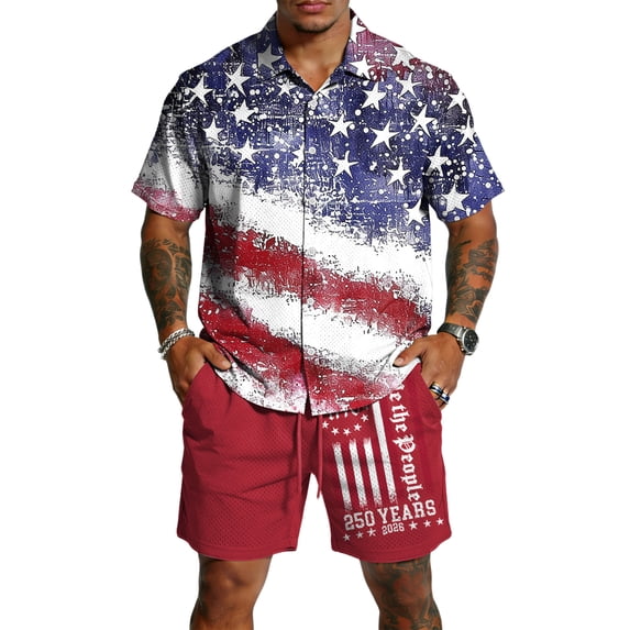 Men's 4th of July 2 Piece Outfits Patriotic Beach Cruise Button Down Shirts Shorts Sets US 250 Years Anniversary Travel Clothes