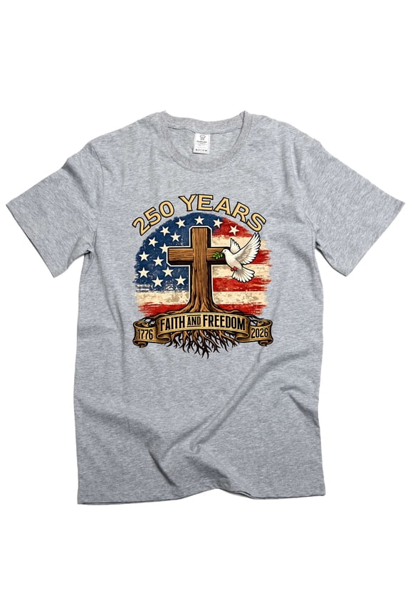 Men's 4th of July 250 Years Birthday Faith and Freedom Patriotic T-shirt USA Tee (XX-Large Grey)