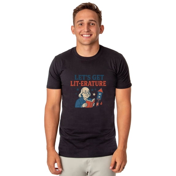 Men's Festive 4th of July T-Shirt "Let's Get Lit-erature" America Patriotic Graphic Print Funny Short-Sleeve Tee