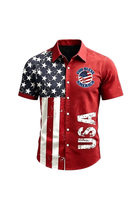 Men's 4th of July Patriotic Button Down Shirt USA 1776-2026 American Flag Print Short Sleeve Top,XL