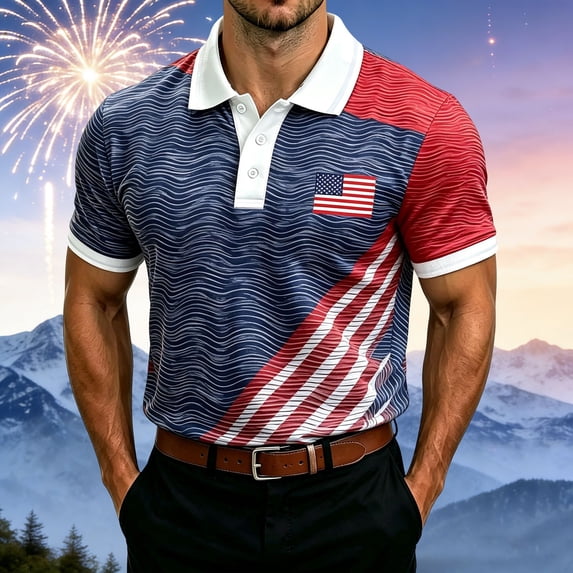 Men's 4th of July Polo Shirt American Flag Short Sleeve Golf Shirt Casual Button Down Shirts Independence Day Outfit(Navy5,XXXXL)