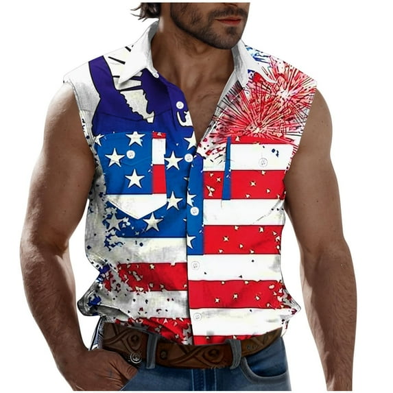 Men's 4th of July Sleeveless Shirt - Vintage Independence Day USA Flag Button-Down Tank Tops for Summer Casual