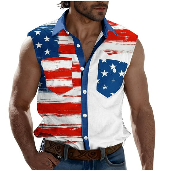 Men's 4th of July Sleeveless Shirt - Vintage Independence Day USA Flag Button-Down Tank Tops for Summer Casual
