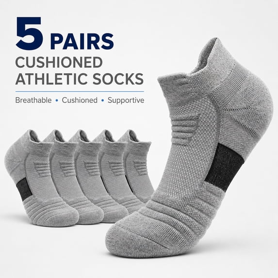 Men’s 5-Pack Cushioned Athletic Grey Crew Socks – Breathable, Moisture-Wicking, Anti-Odor & Durable Sport Socks for Running, Hiking, Training