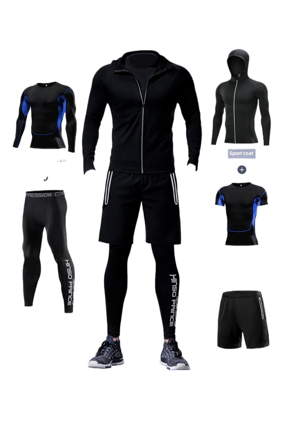 Men's 5-Piece Gym Set Quick-Dry Mesh Short & Long Sleeve Compression Suit All-Season Training Wear