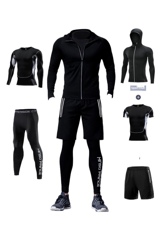 Men's 5-Piece Gym Set Quick-Dry Mesh Short & Long Sleeve Compression Suit All-Season Training Wear