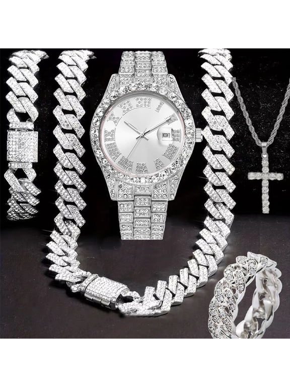Men's 5-Piece Iced Out Jewelry Set, Silver Tone Alloy Watch, Cuban Link Chain Necklace, Cross Pendant Necklace, Bracelet & Ring, Hip Hop Fashion Gift Set