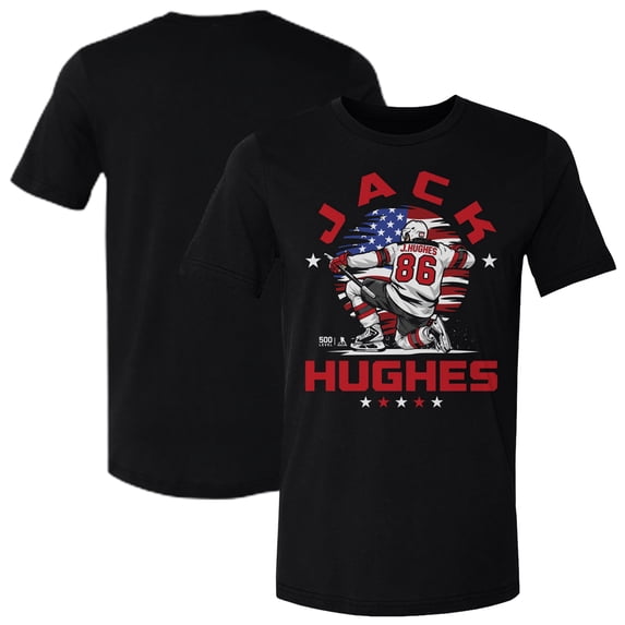 Men's 500 Level Jack Hughes Black US Men's Hockey Flag T-Shirt