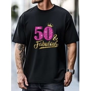 Mens 50th Birthday Gift T-Shirt with Number 50 - Golden & Pink Glitter 50 Years Celebration Shirt, Soft Breathable Round Neck Casual Novelty Top for 50 Years Male - Funny Gift for Him for Work