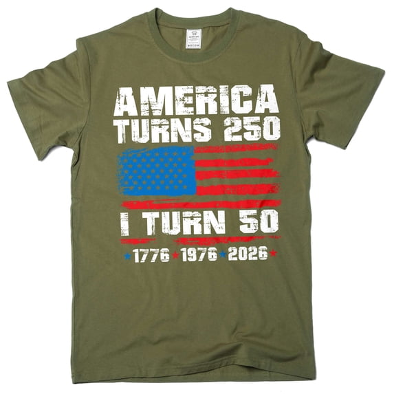 Men's 50th Birthday T-Shirt: America Turns 250 (1776-2026) I turn 50 Tee (3X-Large Military Green)