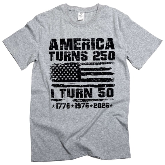 Men's 50th Birthday T-Shirt: America Turns 250 (1776-2026) I turn 50 Tee (Medium Grey)