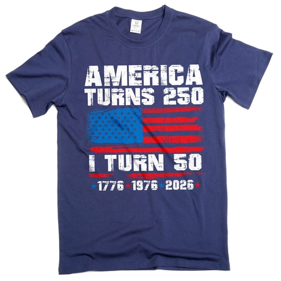 Men's 50th Birthday T-Shirt: America Turns 250 (1776-2026) I turn 50 Tee (XX-Large Navy Blue)