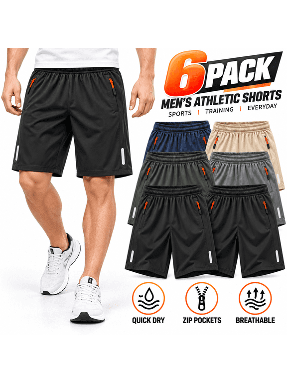 Men's 6 Pack Athletic Shorts, 5 Inch Quick Dry Running Workout Shorts with Zipper Pockets, Lightweight Breathable Gym Shorts with Elastic Waist for Sports, Fitness, Training and Outdoor Activities