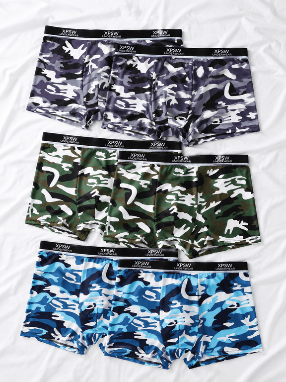 Men's 6-Pack Camouflage Underwear, 93% Polyester, XPSW Elastic Waistband, 3 Camo Colors, Moisture-Wicking, Comfort Stretch Boxers