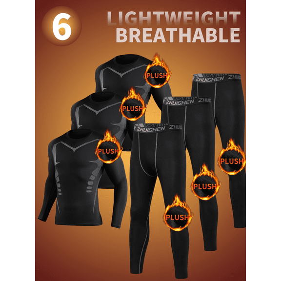 Men's 6-Pack Fleece Lined Thermal Compression Athletic Outfit Sets, Long Sleeve Tops & Pants Winter Warm Long Johns Underwear for Skiing Running Hunting Gym