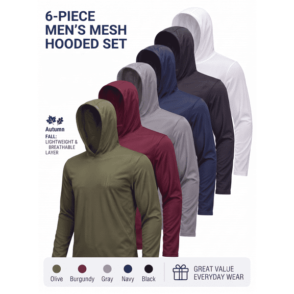 Men's 6-Pack Lightweight Athletic Hoodies - Long Sleeve Breathable Pullover Workout Shirts for Running, Training and Casual Daily Wear