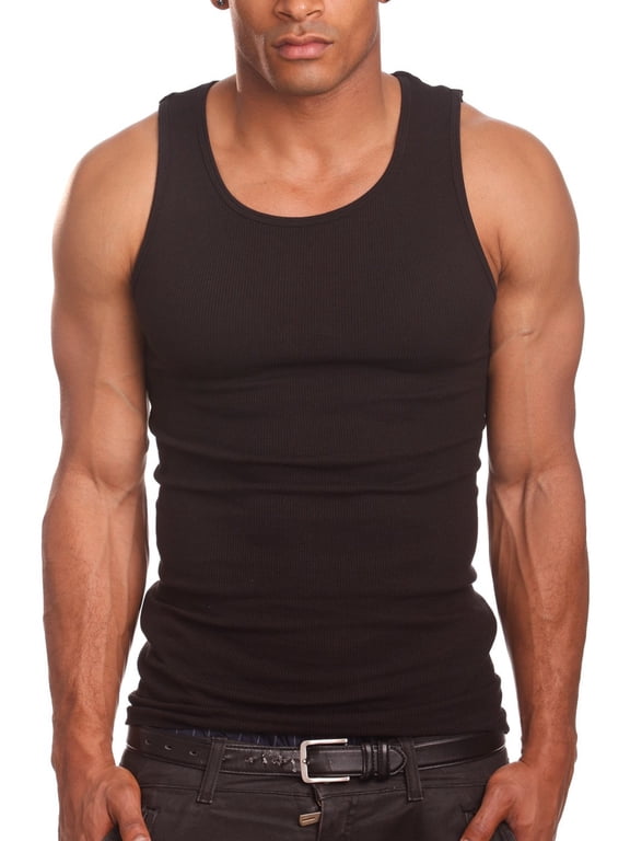 Men’s 6 Pack Tank Top A Shirt-100% Cotton Ribbed Undershirts-Multicolor & Sleeveless Tees(Black, Large)