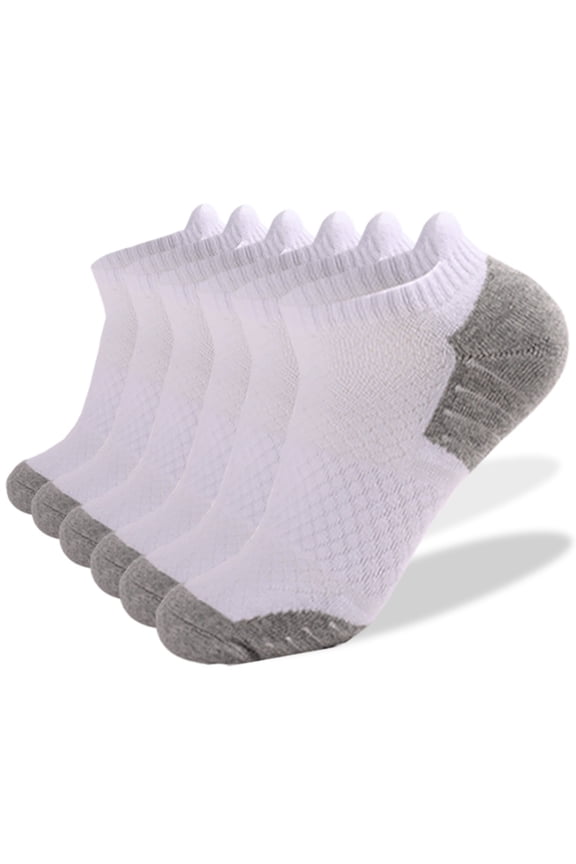 Men's 6 Pairs Running Socks with Terry Towel Bottom, Thick Cushioned Anti Slip Combed Cotton Ankle Socks, for Sports Hiking or Outdoor Athletic Training White