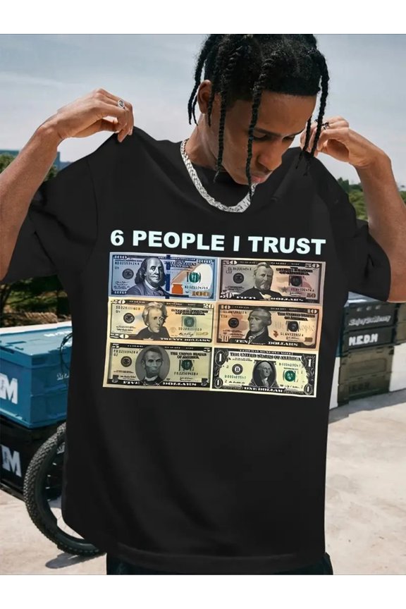Men’s “6 People I Trust” Retro Loose Round Neck Short Sleeve Breathable Sweat-Absorbent Bold Dollar Bill Print T-Shirt, Machine Washable All-Season